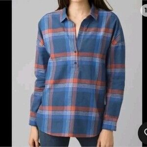 Prana Dante Flannel Top Organic Cotton Hemp Women's Size Medium Admiral Blue